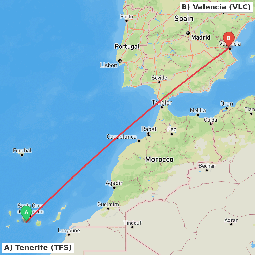 Flight route map from Tenerife to Valencia