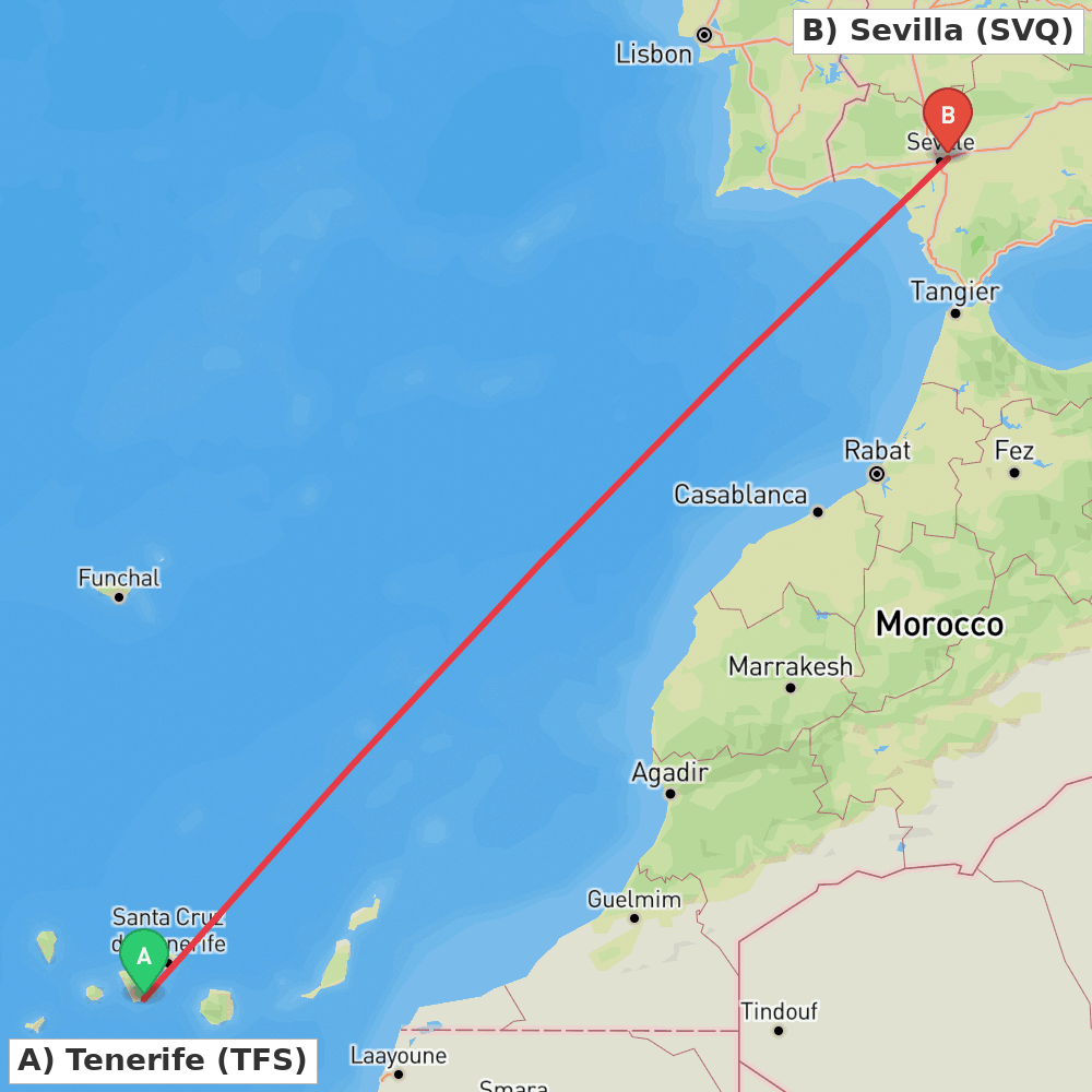 Flight route map from Tenerife to Sevilla