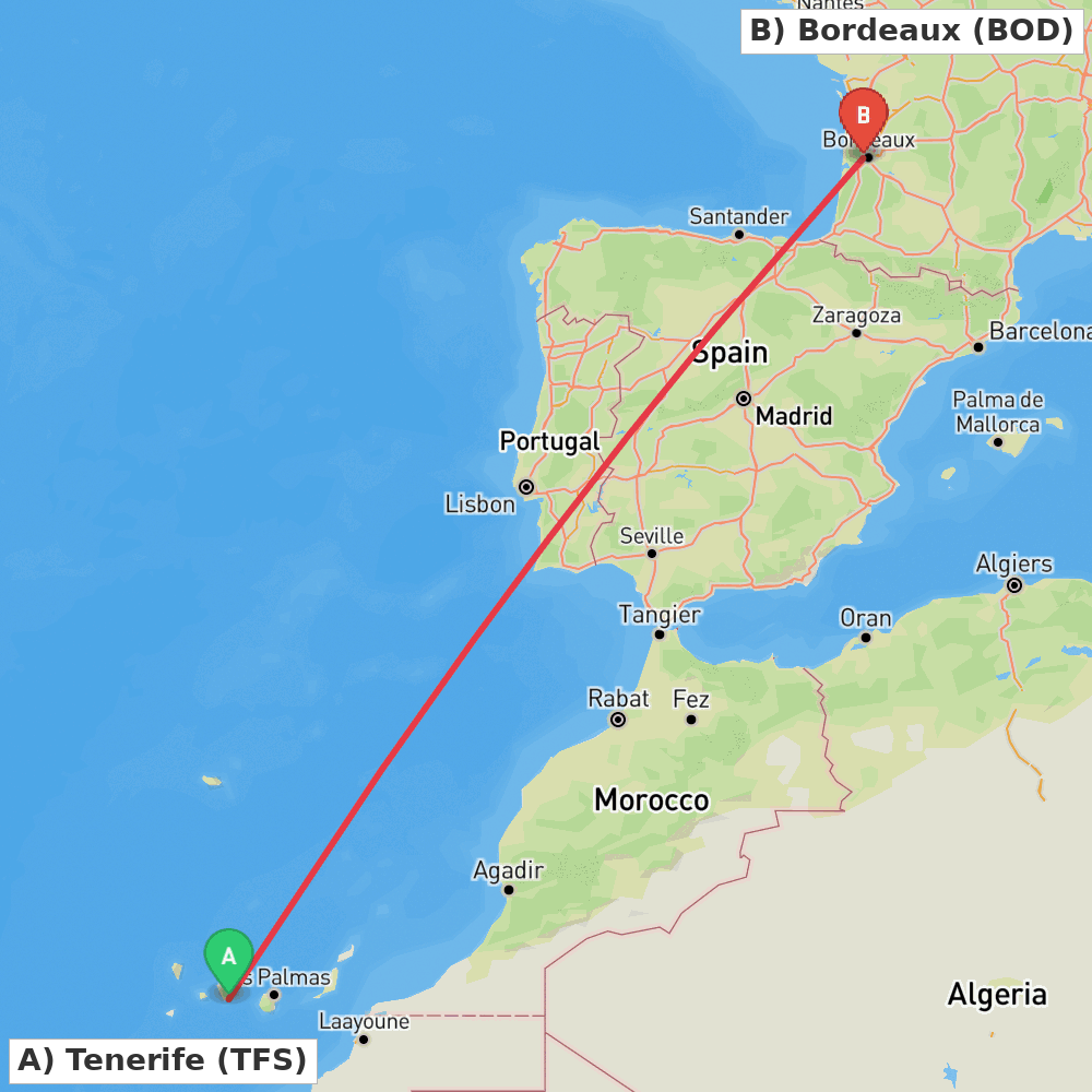 Flight route map from Tenerife to Bordeaux