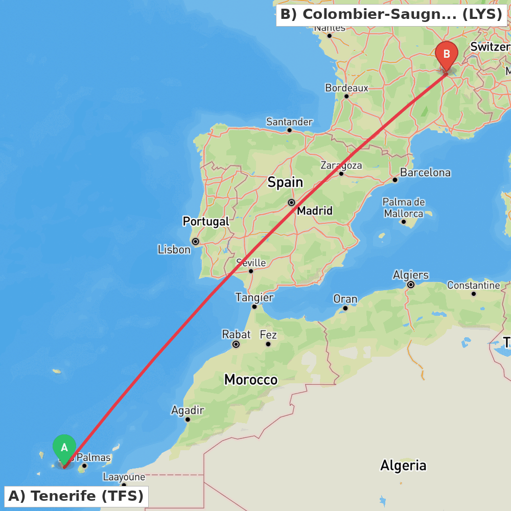 Flight route map from Tenerife to Colombier-Saugnieu, Rhône