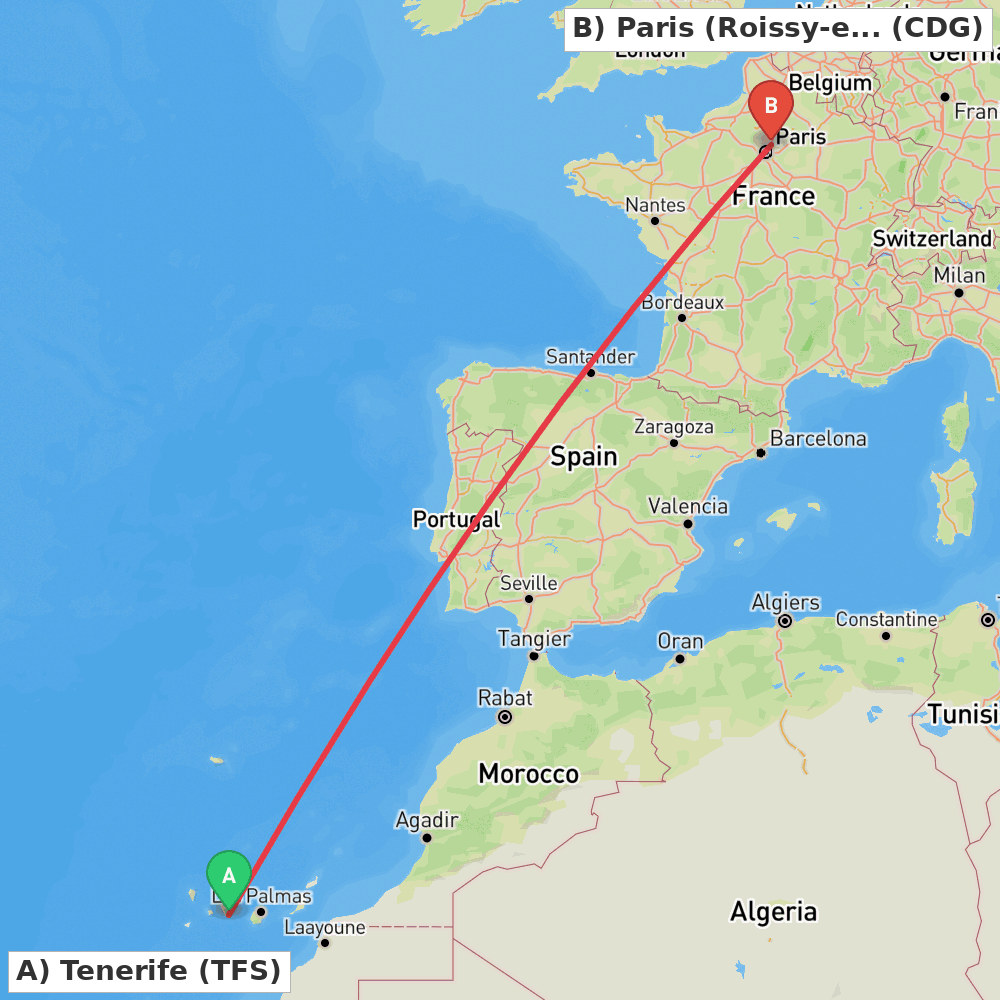 Flight route map from Tenerife to Paris (Roissy-en-France, Val-d'Oise)