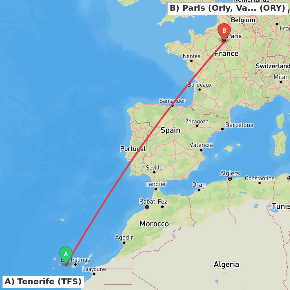 Flight route map from Tenerife to Paris (Orly, Val-de-Marne)