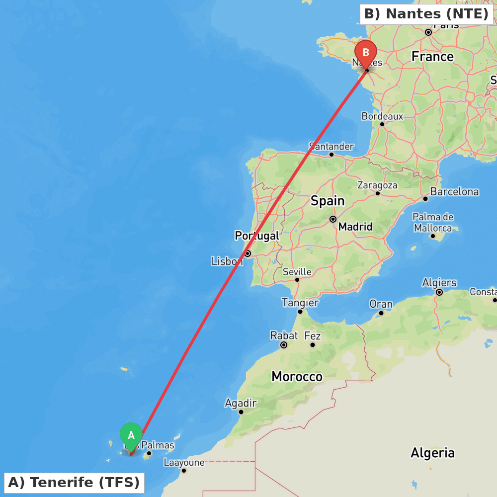 Flight route map from Tenerife to Nantes