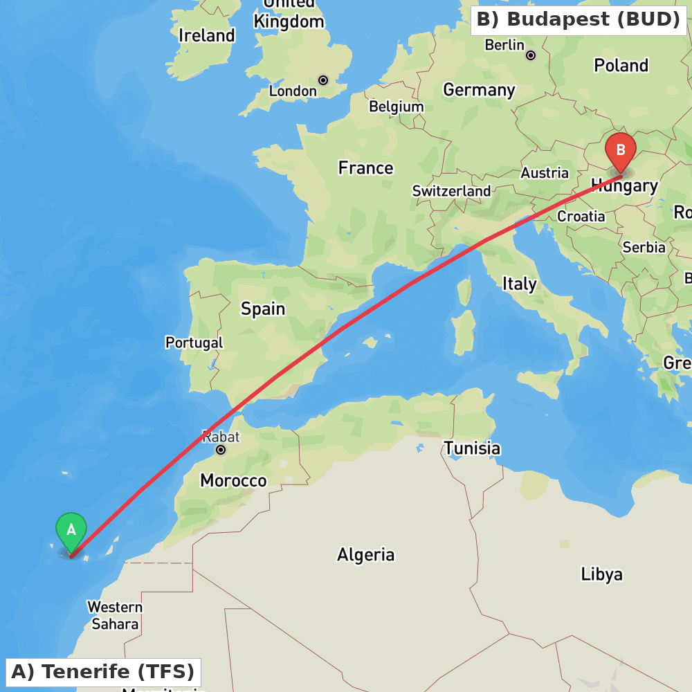 Flight route map from Tenerife to Budapest