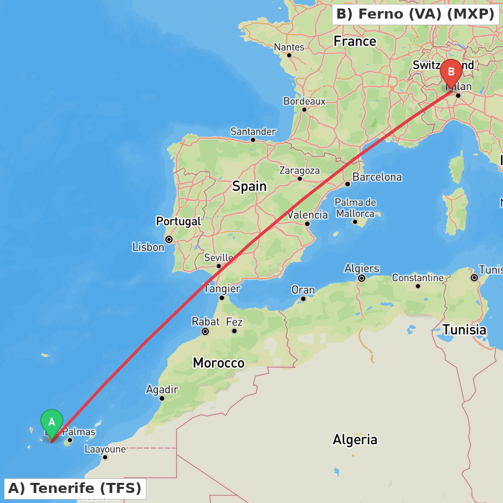 Flight route map from Tenerife to Ferno (VA)