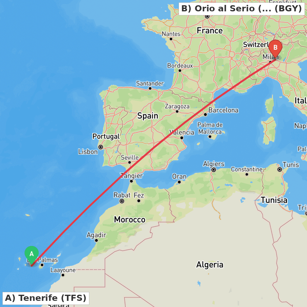 Flight route map from Tenerife to Orio al Serio (BG)