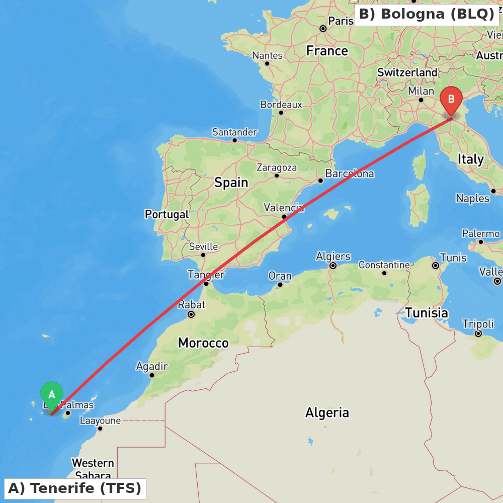 Flight route map from Tenerife to Bologna