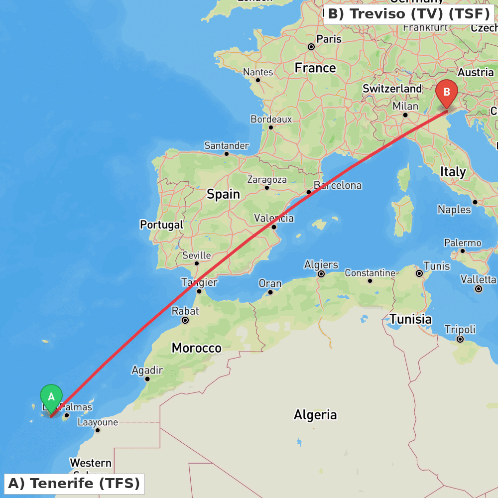 Flight route map from Tenerife to Treviso (TV)