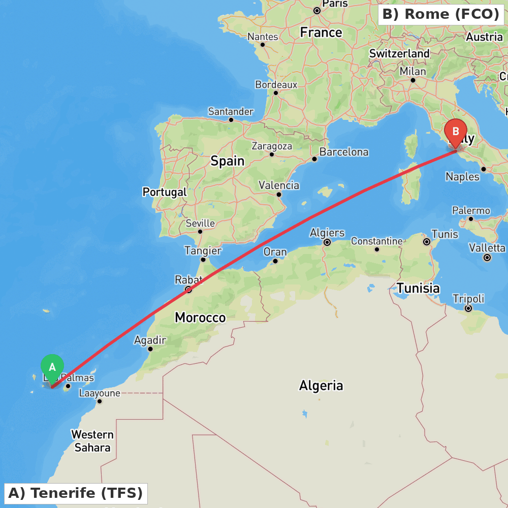 Flight route map from Tenerife to Rome