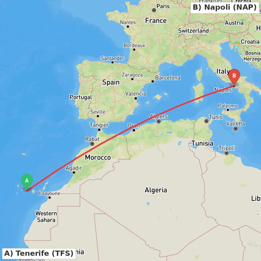 Flight route map from Tenerife to Napoli