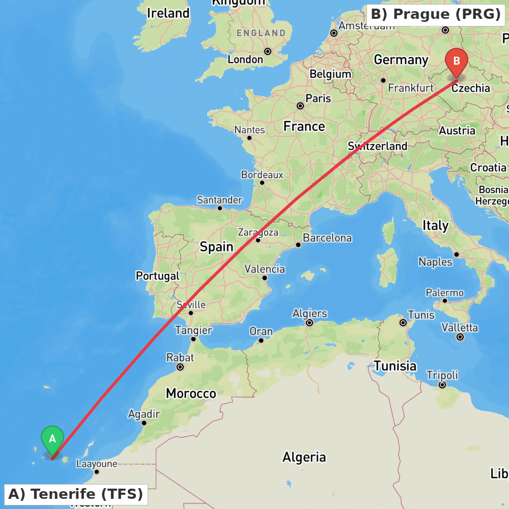 Flight route map from Tenerife to Prague