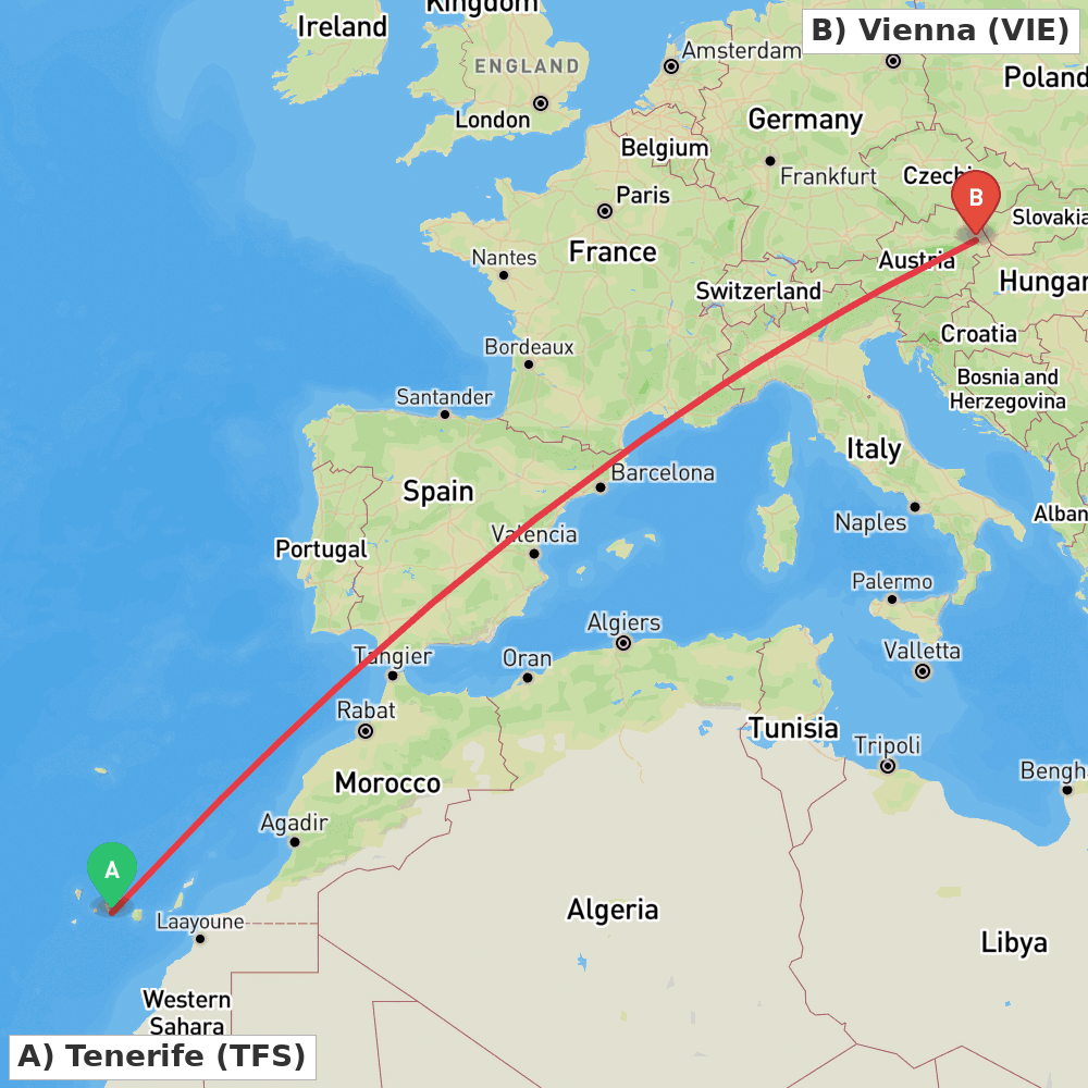 Flight route map from Tenerife to Vienna