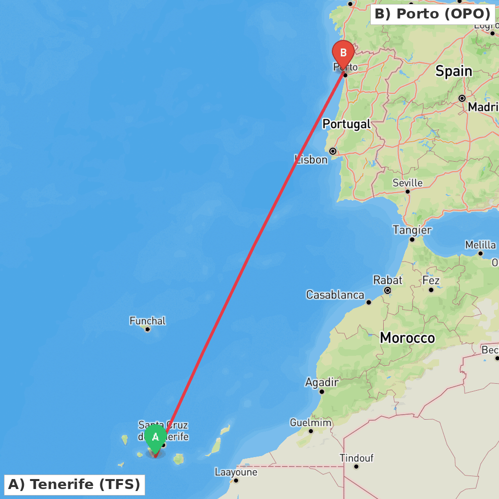Flight route map from Tenerife to Porto