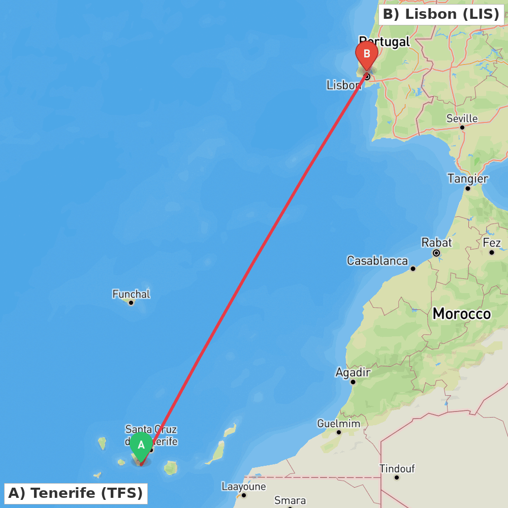 Flight route map from Tenerife to Lisbon