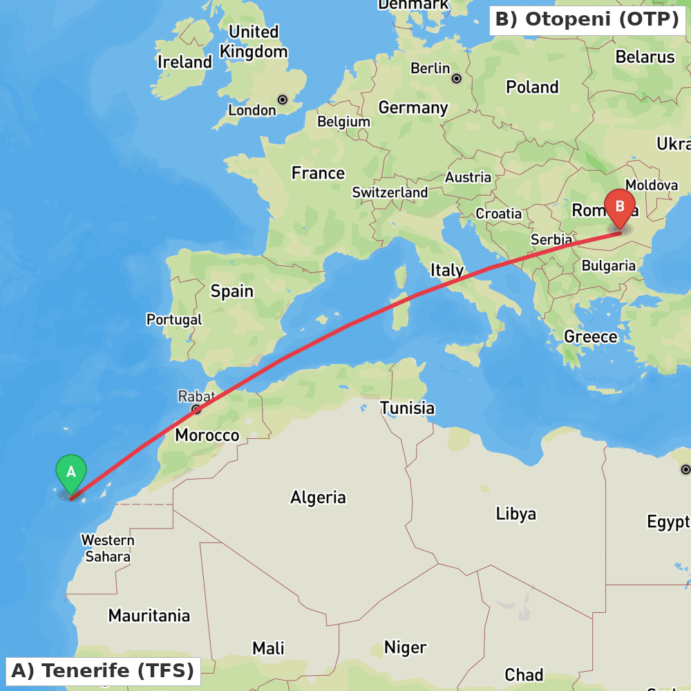 Flight route map from Tenerife to Otopeni