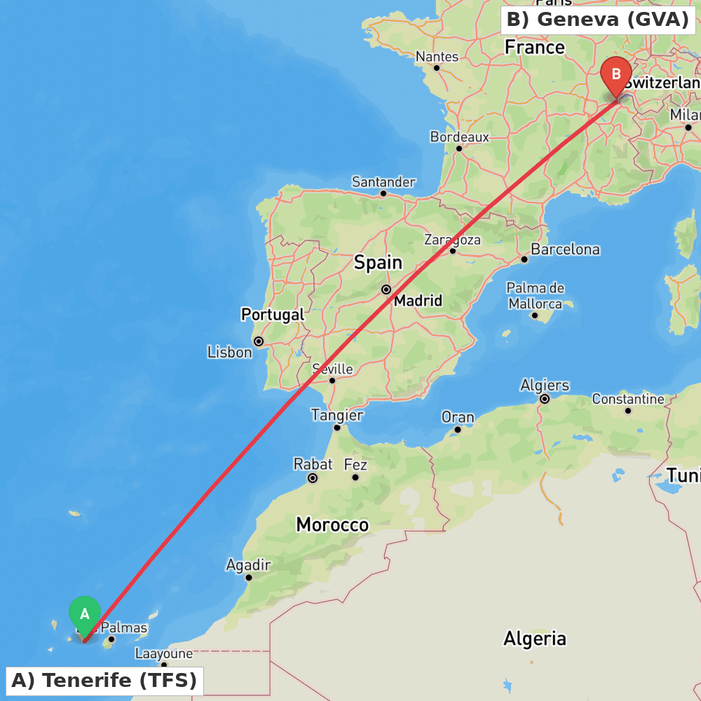 Flight route map from Tenerife to Geneva