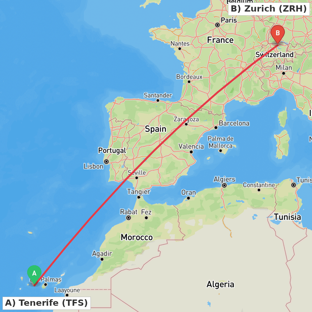 Flight route map from Tenerife to Zurich