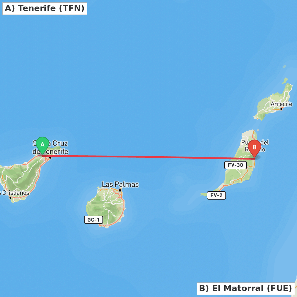 Flight route map from Tenerife to El Matorral