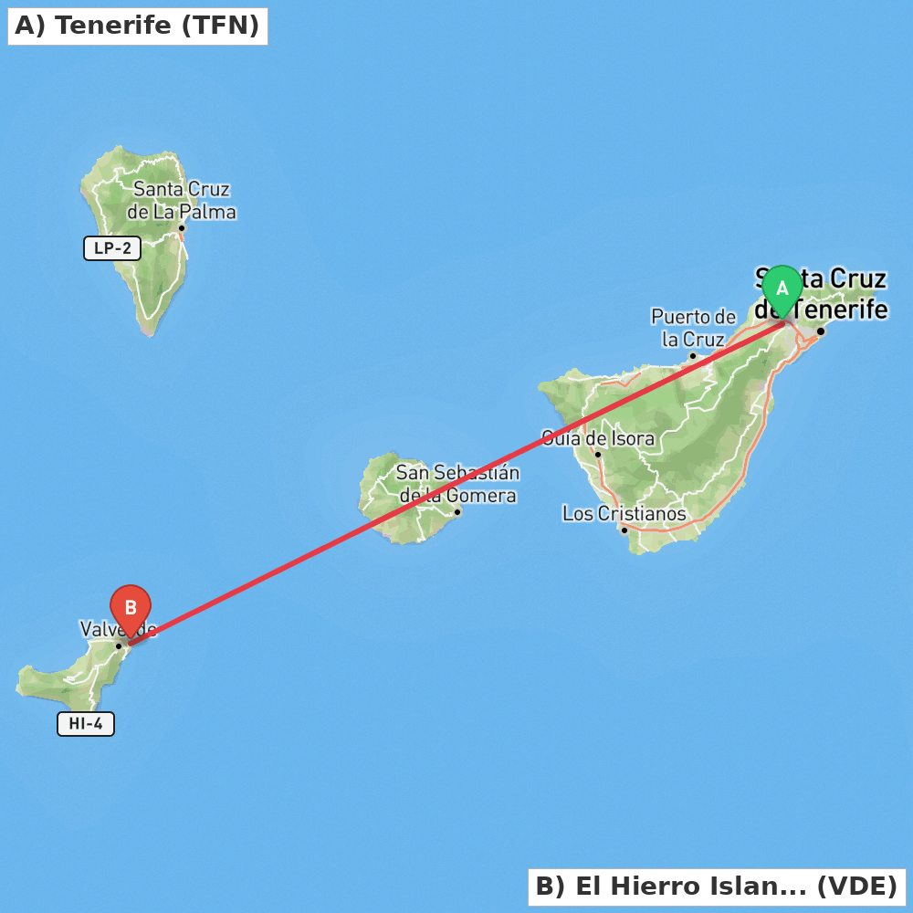 Flight route map from Tenerife to El Hierro Island