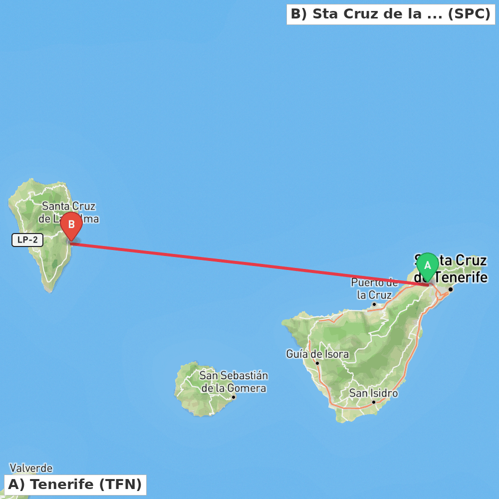 Flight route map from Tenerife to Sta Cruz de la Palma, La Palma Island