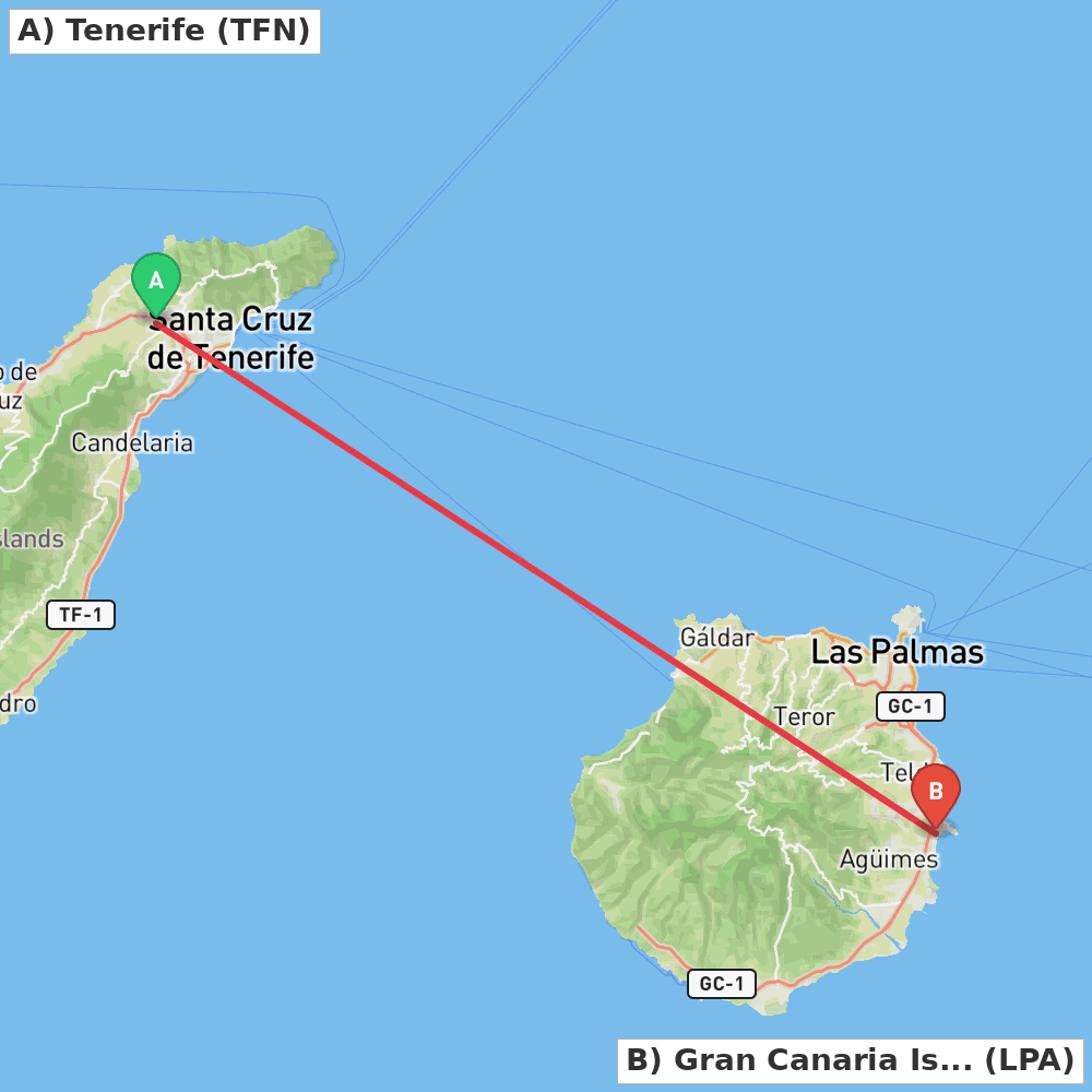 Flight route map from Tenerife to Gran Canaria Island