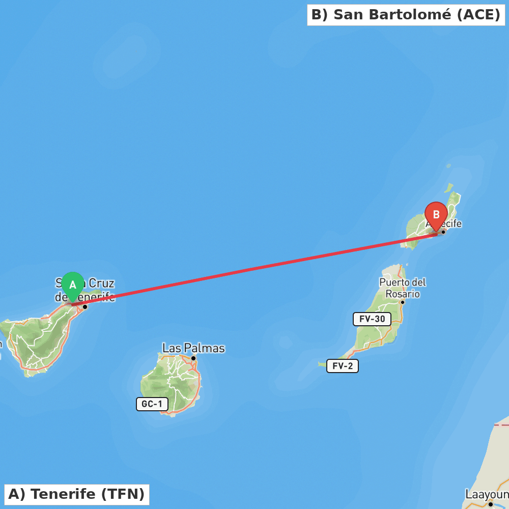 Flight route map from Tenerife to San Bartolomé
