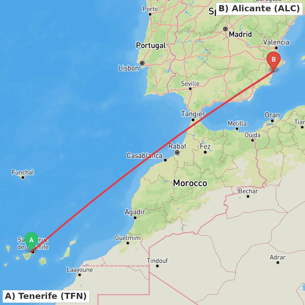 Flight route map from Tenerife to Alicante