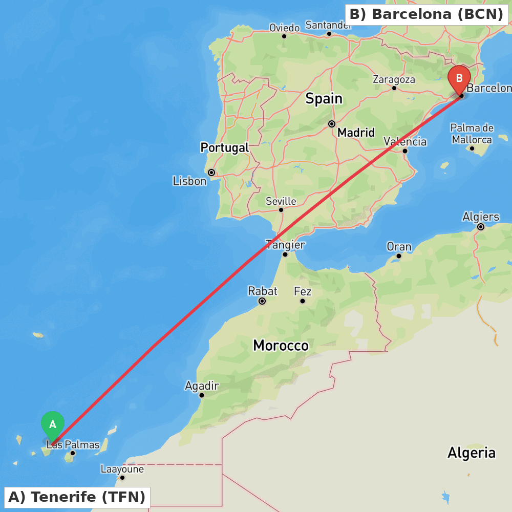 Flight route map from Tenerife to Barcelona