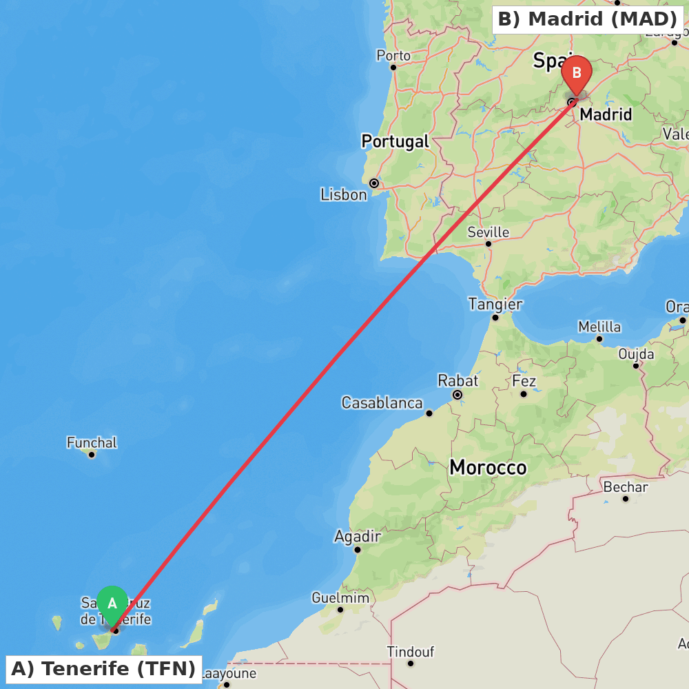 Flight route map from Tenerife to Madrid