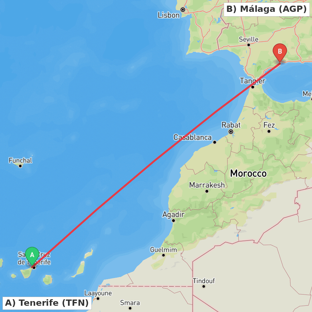 Flight route map from Tenerife to Málaga