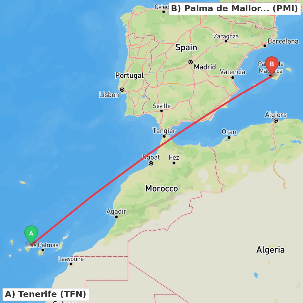 Flight route map from Tenerife to Palma de Mallorca