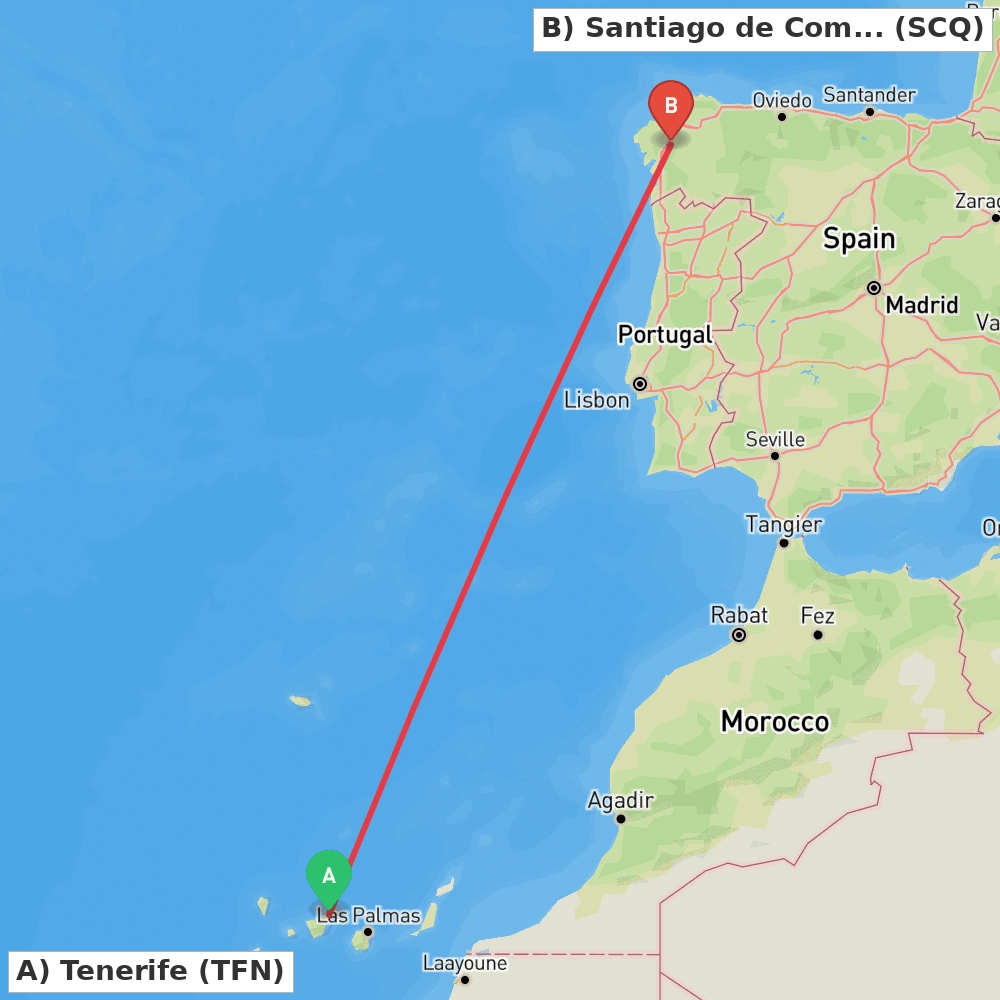 Flight route map from Tenerife to Santiago de Compostela