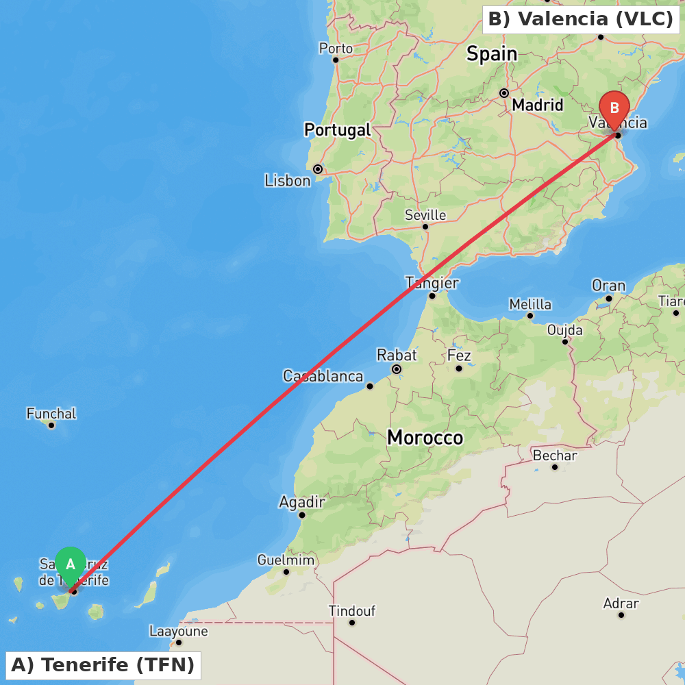Flight route map from Tenerife to Valencia