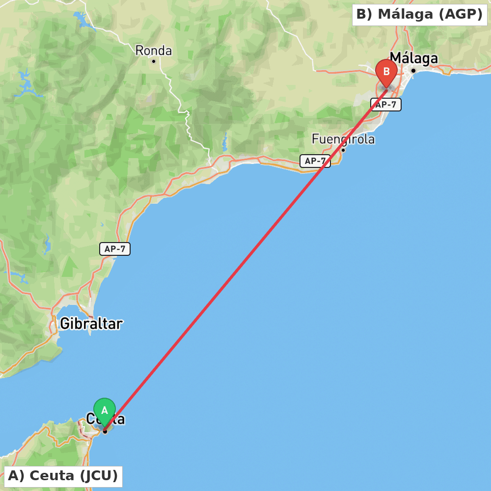 Flight route map from Ceuta to Málaga