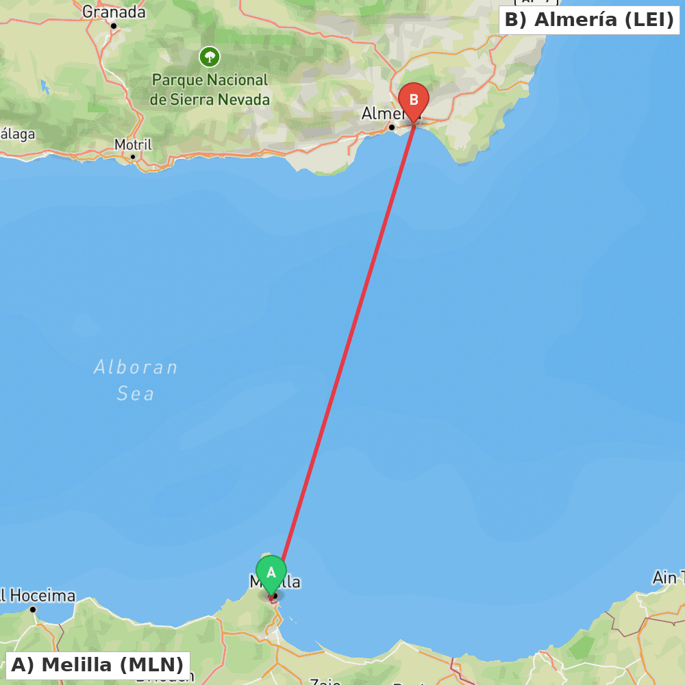 Flight route map from Melilla to Almería