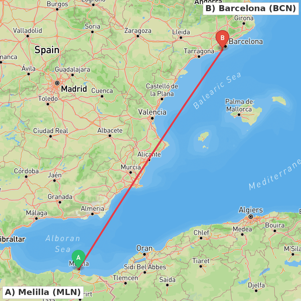 Flight route map from Melilla to Barcelona