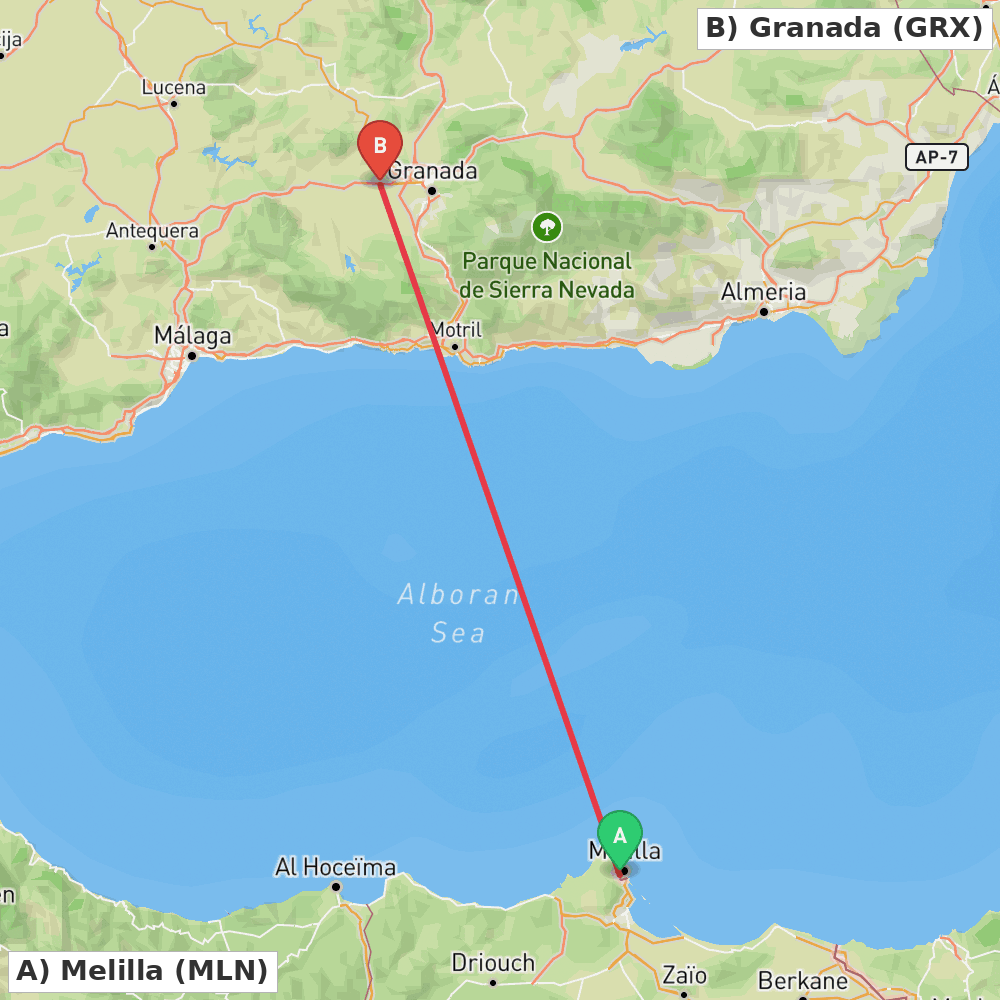 Flight route map from Melilla to Granada