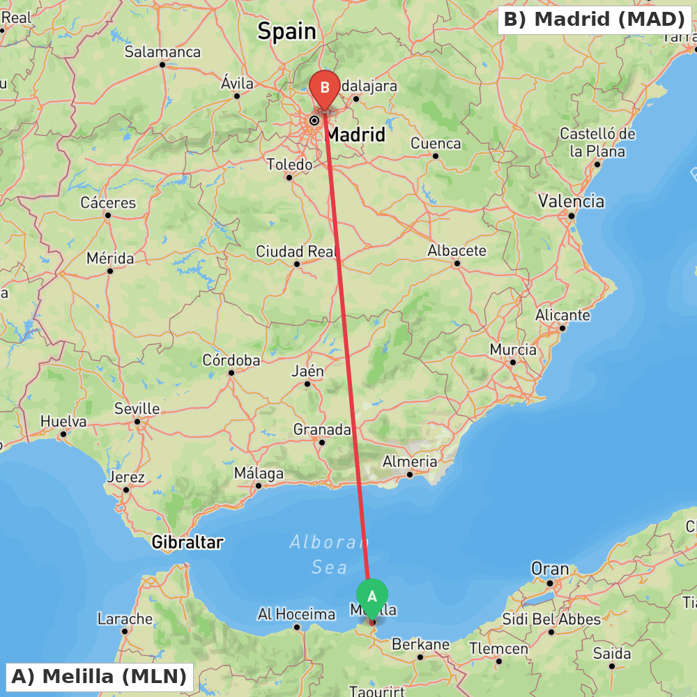 Flight route map from Melilla to Madrid
