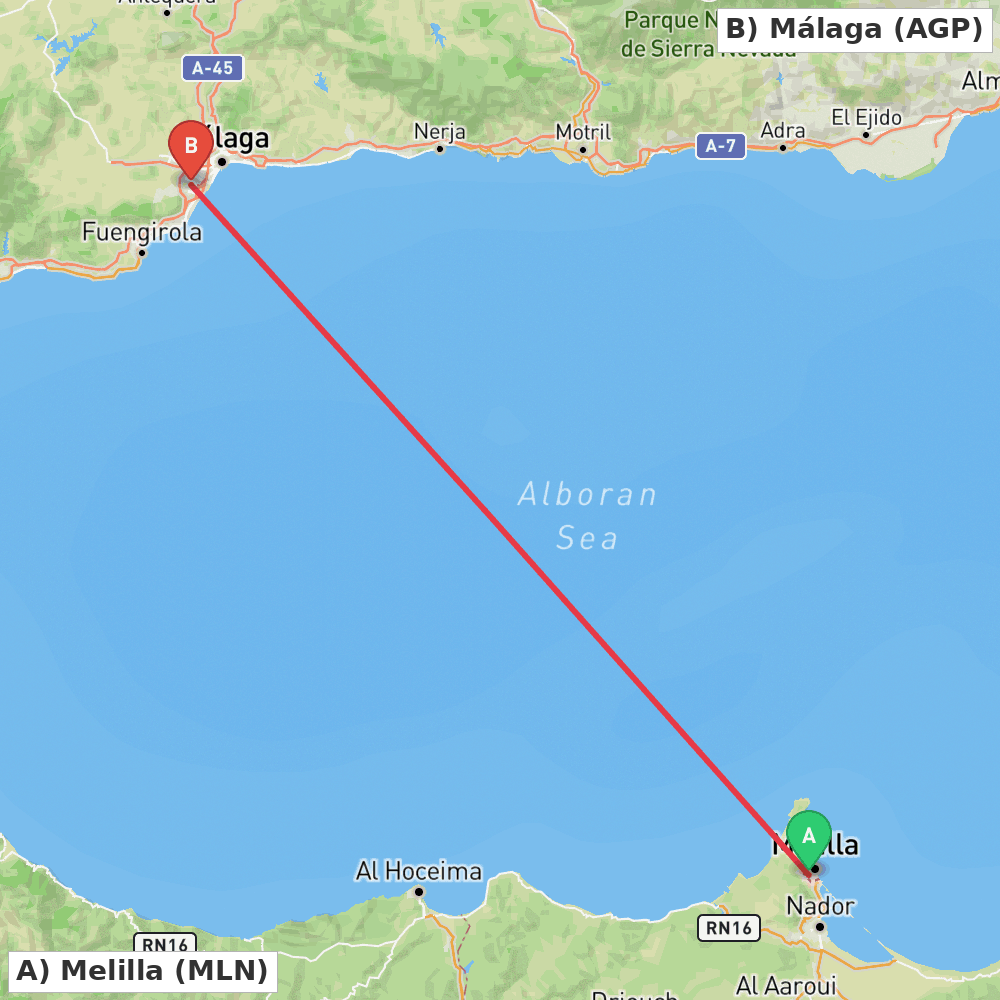 Flight route map from Melilla to Málaga