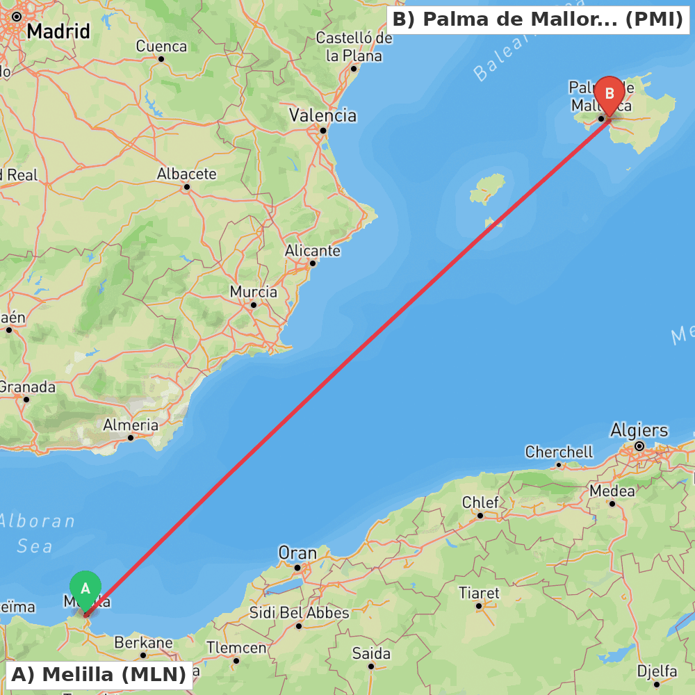 Flight route map from Melilla to Palma de Mallorca