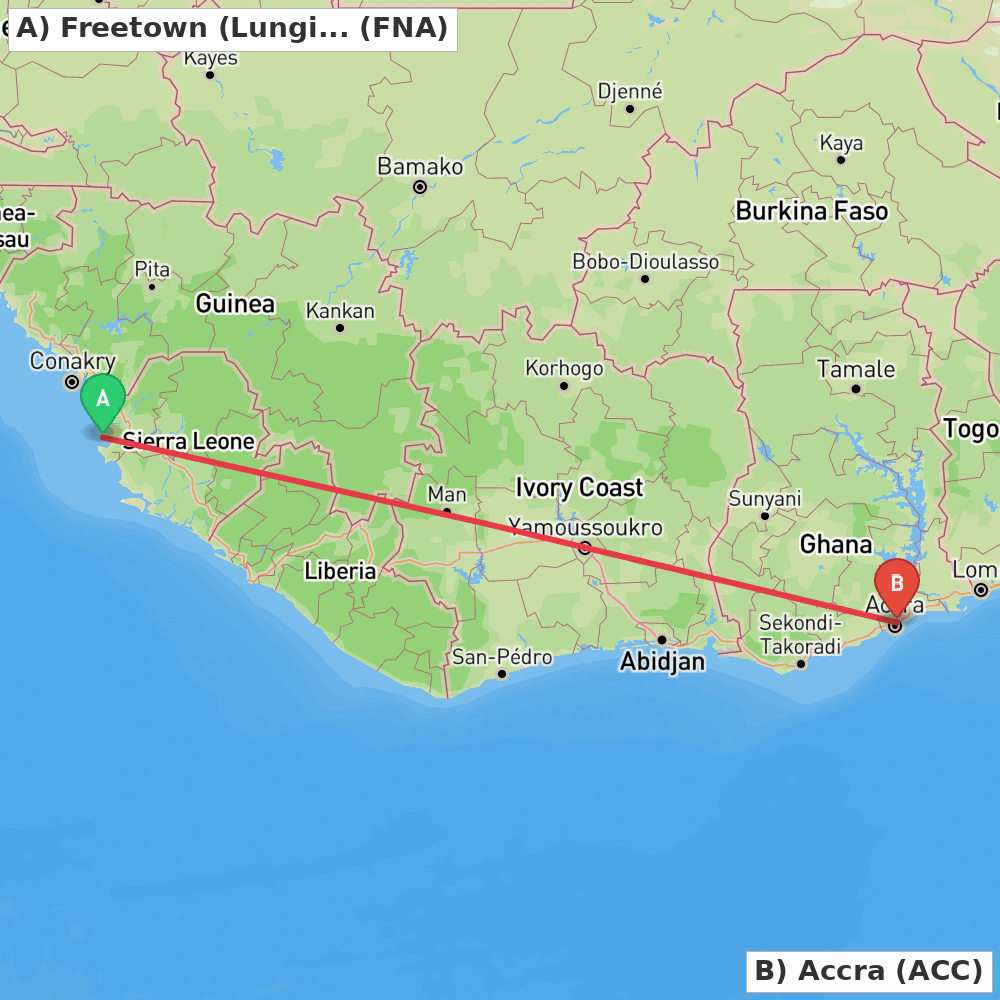 Flight route map from Freetown (Lungi-Town) to Accra