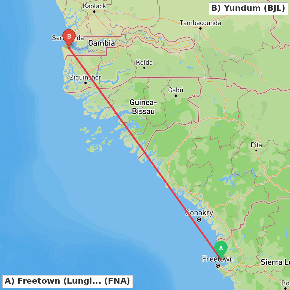 Flight route map from Freetown (Lungi-Town) to Yundum