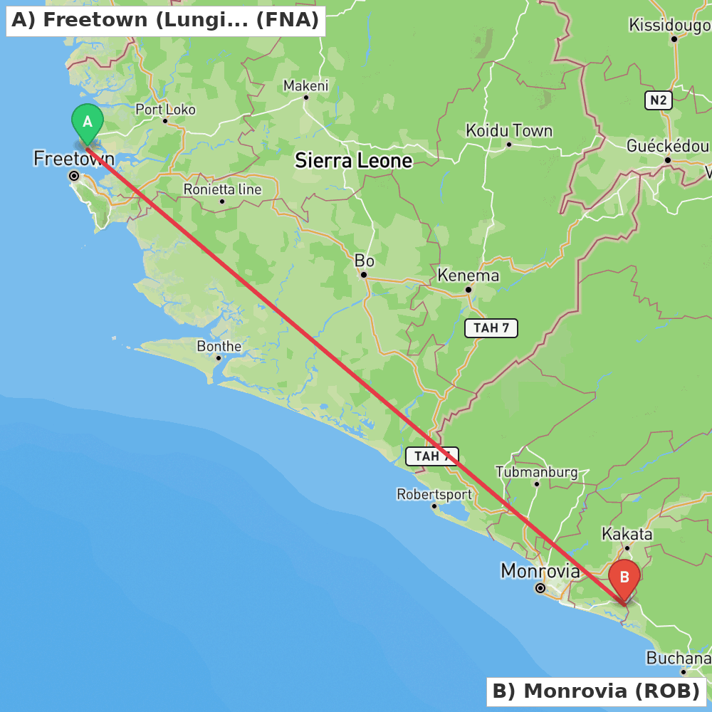 Flight route map from Freetown (Lungi-Town) to Monrovia