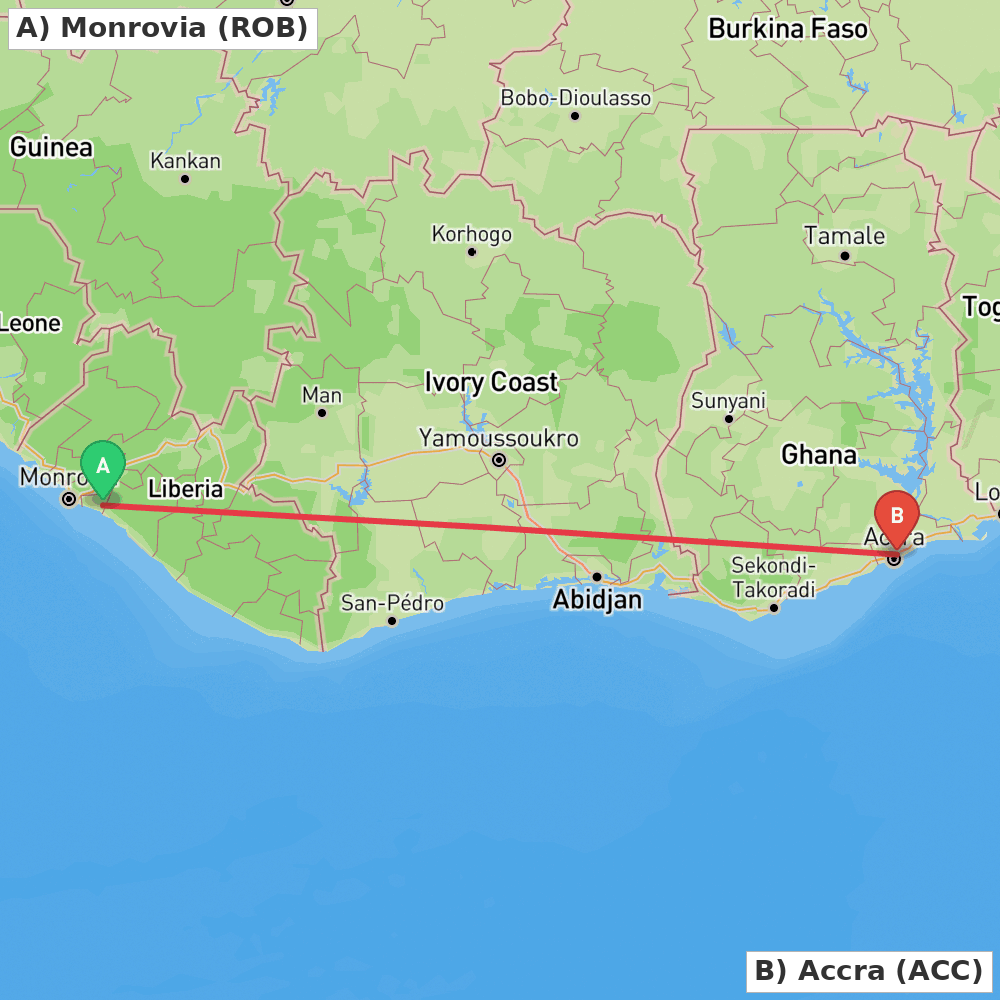 Flight route map from Monrovia to Accra