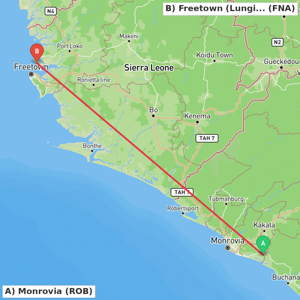 Flight route map from Monrovia to Freetown (Lungi-Town)