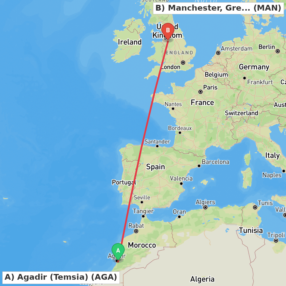 Flight route map from Agadir (Temsia) to Manchester, Greater Manchester