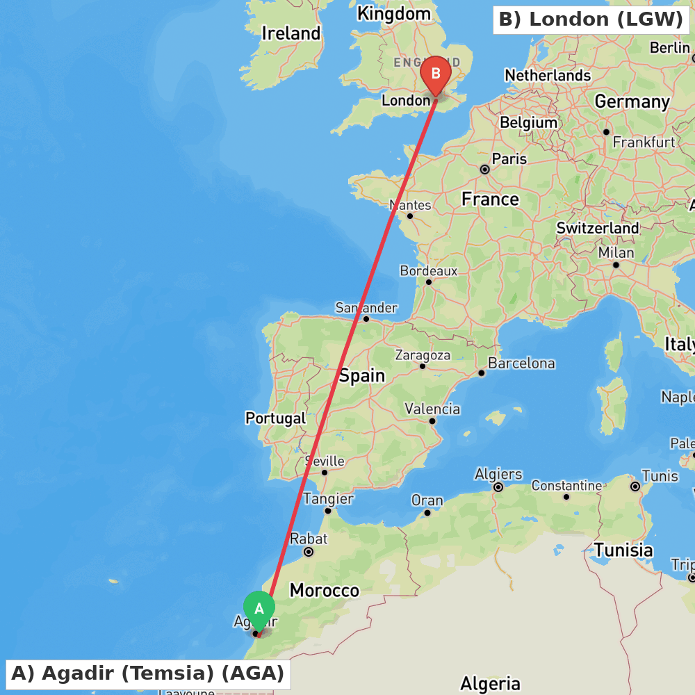 Flight route map from Agadir (Temsia) to London