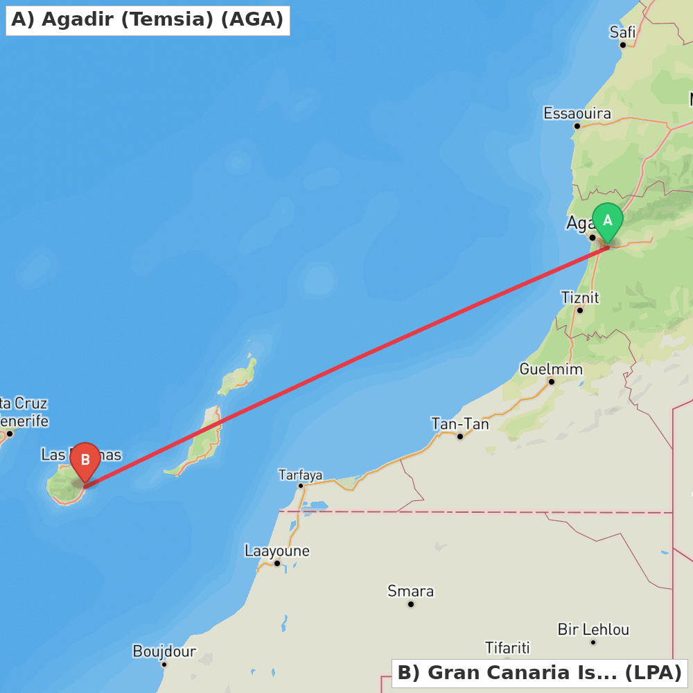 Flight route map from Agadir (Temsia) to Gran Canaria Island