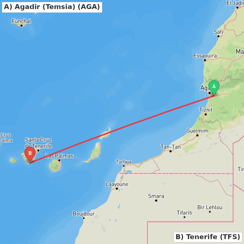Flight route map from Agadir (Temsia) to Tenerife