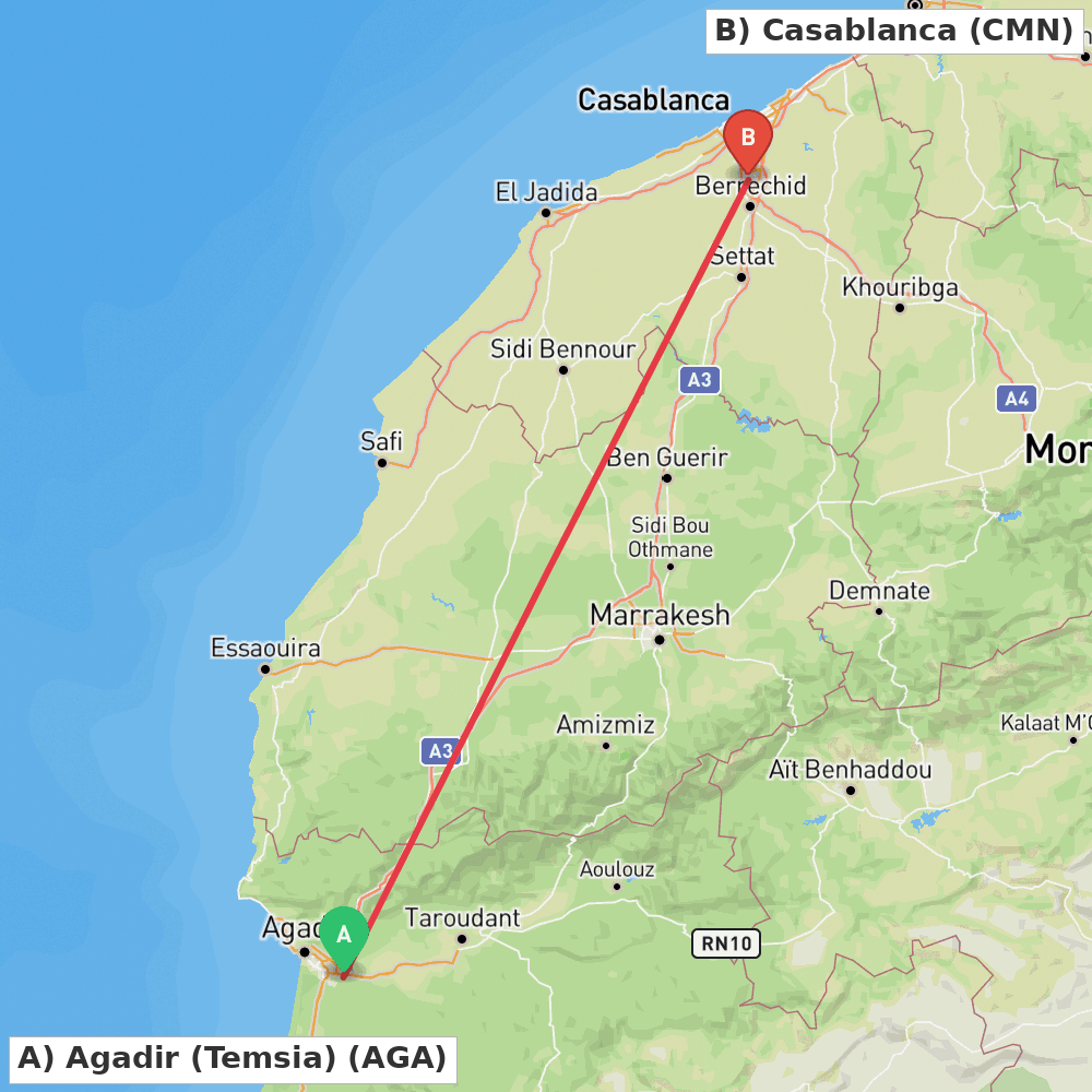 Flight route map from Agadir (Temsia) to Casablanca